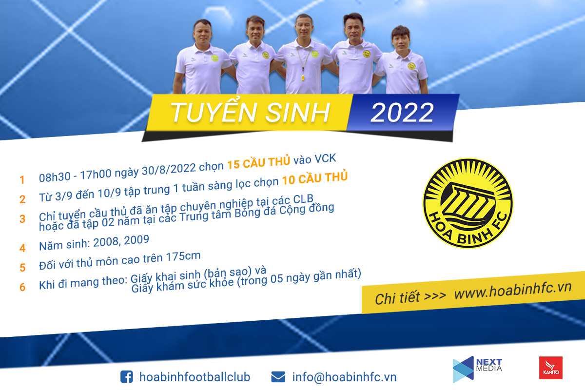 Hòa Bình FC tuyển sinh bổ sung cầu thủ trẻ 2022